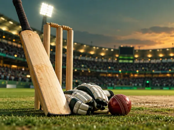 m66 Cricket bat, red ball, gloves and stumps beside a floodlit pitch