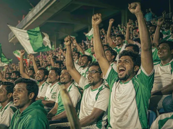m66 Fans in green and white jerseys cheer in a floodlit stadium stand