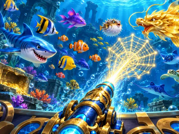 m66 Illustrated fishing cannon fires a glowing net towards colourful fish