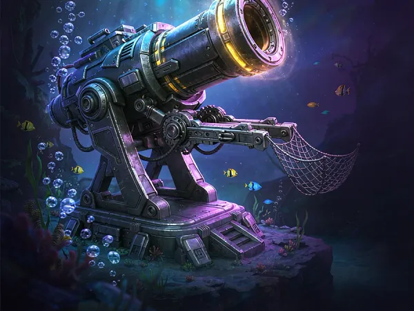 m66 Illustrated underwater cannon faces a school of fish