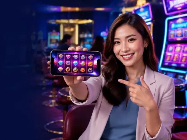 m66 Woman holds a phone horizontally showing colourful fruit reels