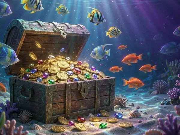 m66 Open treasure chest with coins and fish underwater