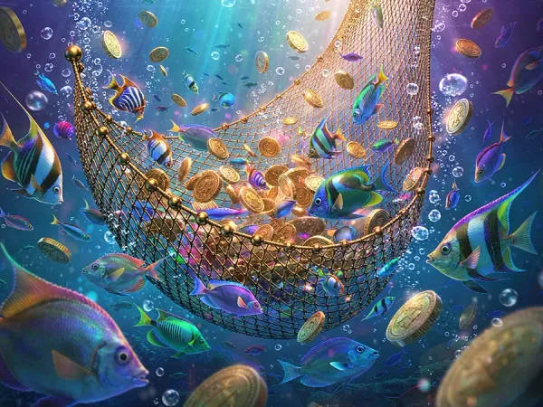m66 Fish and gold coins surround an underwater net