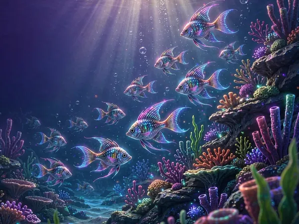 m66 Colourful fish swim around an underwater reef