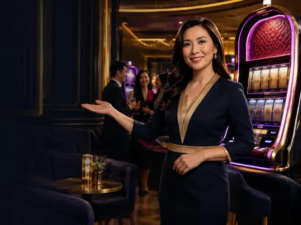 m66 Woman in a dark blazer stands beside a slot machine in a dim lounge