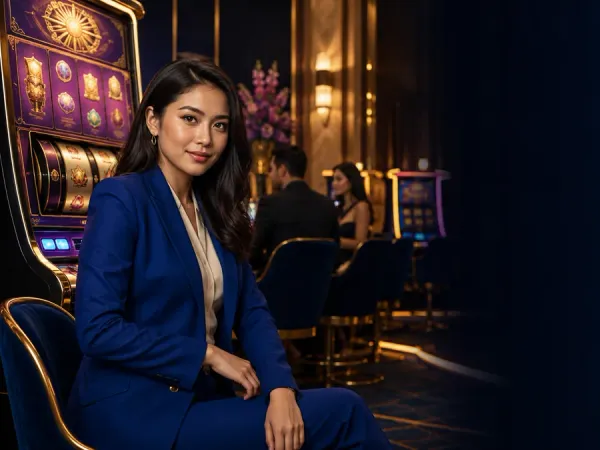 m66 Woman in a blue suit sits beside slot machines in a warm-lit lounge