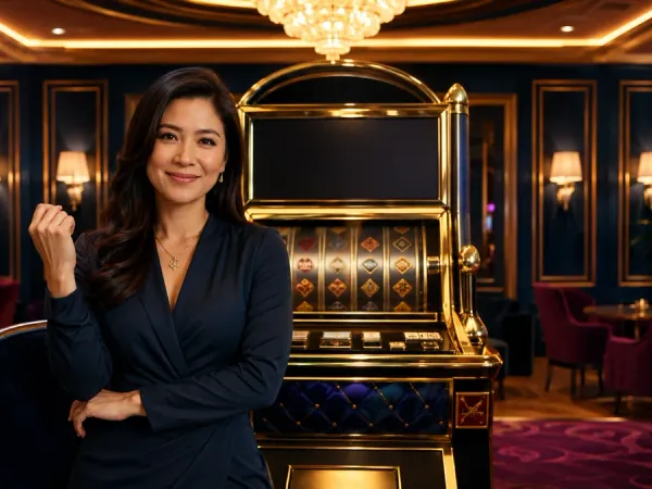 m66 Seated woman faces a gold-framed slot machine in an elegant lounge