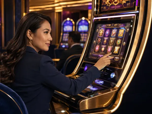 m66 Seated woman looks back from a slot machine with golden trim