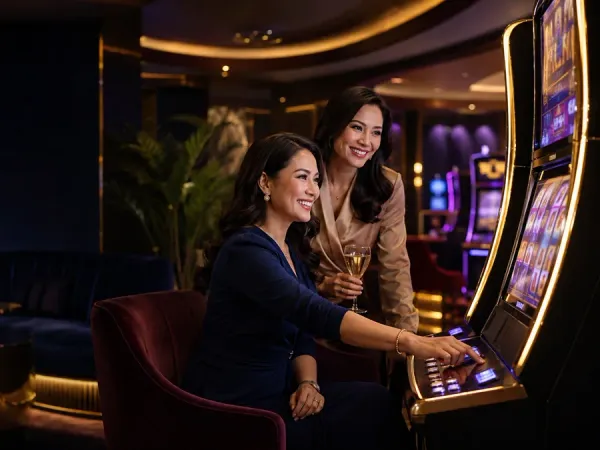 m66 Two women sit together at slot machines in a dark lounge