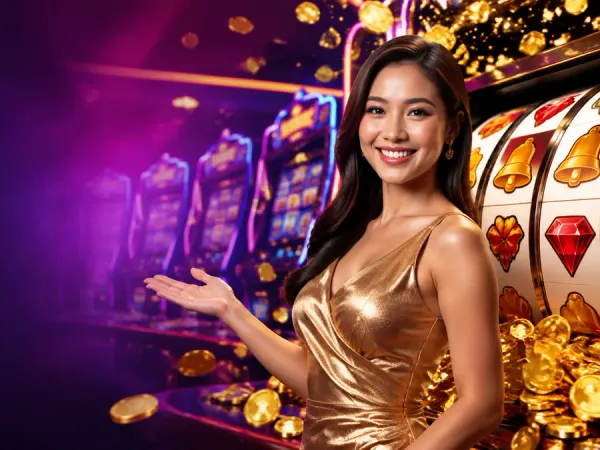 m66 Woman in a gold dress stands beside a slot machine and scattered gold coins