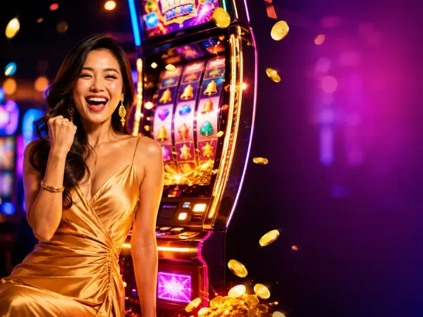 m66 Woman beside gold-framed slot reels under bright casino lighting