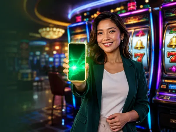m66 Woman in a green blazer holds a glowing phone beside slot reels