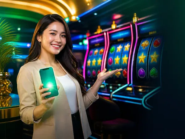 m66 Woman in a beige blazer holds a phone near colourful slot machines