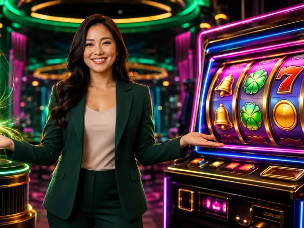 m66 Woman presents a glowing phone beside fruit slot reels