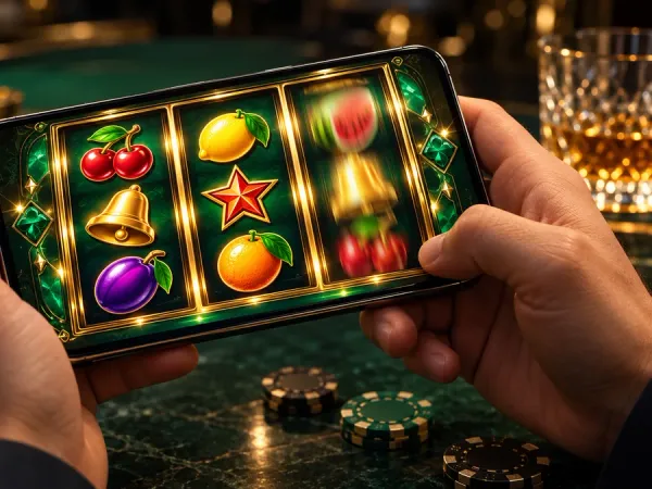 m66 Hands hold a phone with fruit slot reels and casino chips