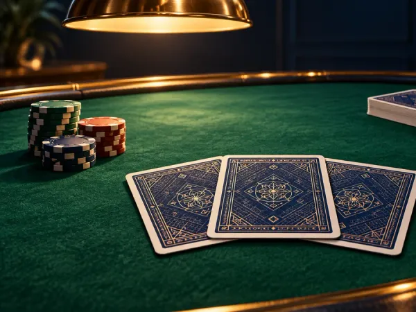 m66 Three face-down blue cards with chips and a deck on a green table