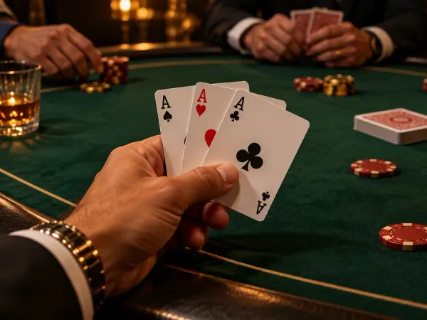 m66 Player holds three aces above a green card table with casino chips