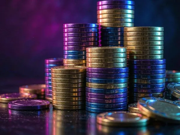 m66 Stacks of colourful casino chips on a dark surface